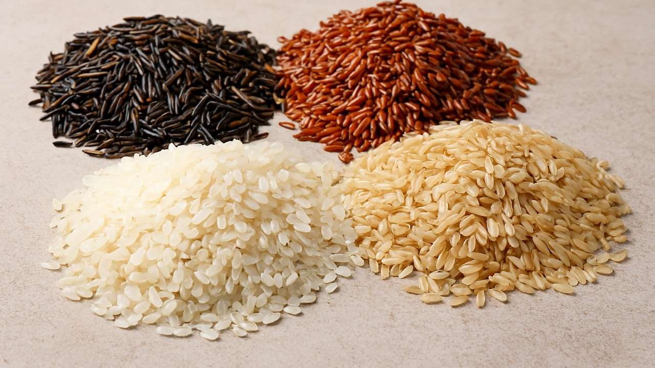 4 types of rice in small piles on a white kitchen surface