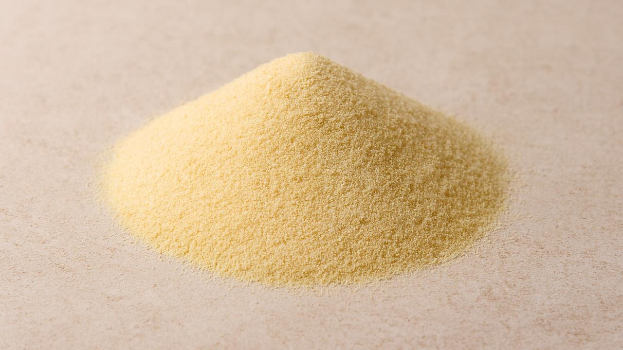 Uncooked Semolina in a pile on a kitchen surface 