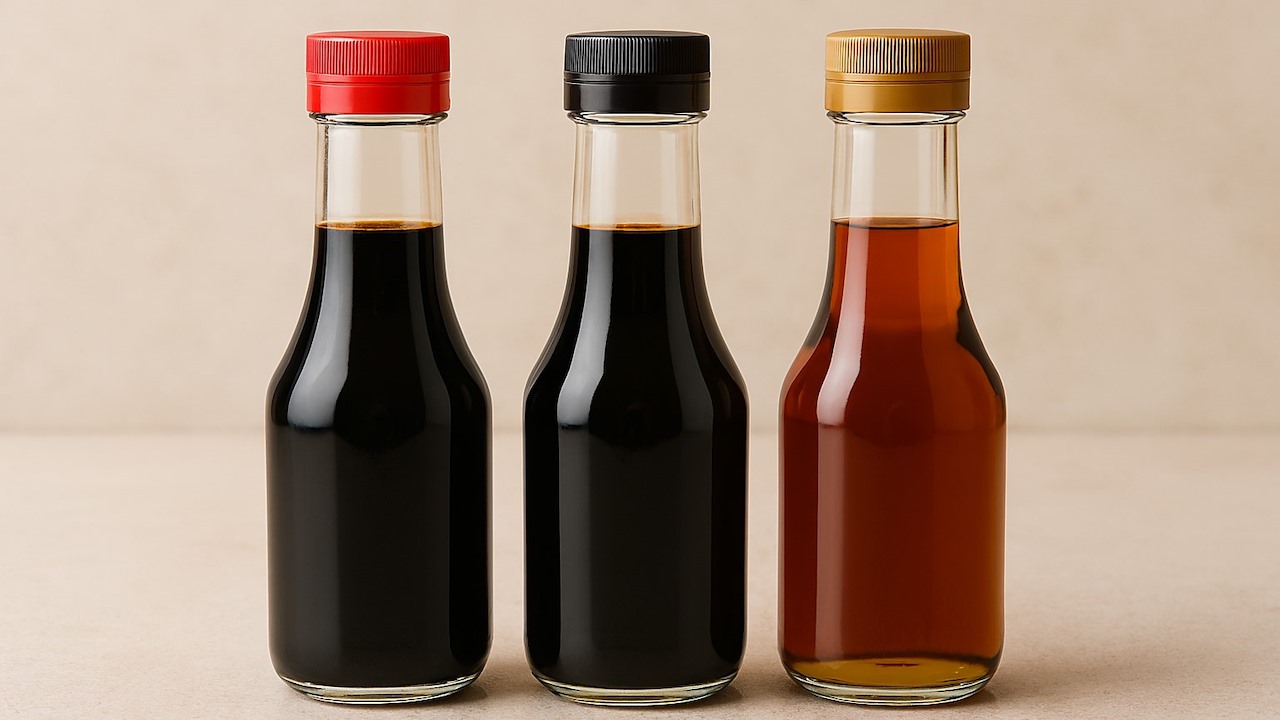 3 types of Soy Sauce in bottles in a row on a kitchen surface