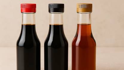 3 types of Soy Sauce in bottles in a row on a kitchen surface