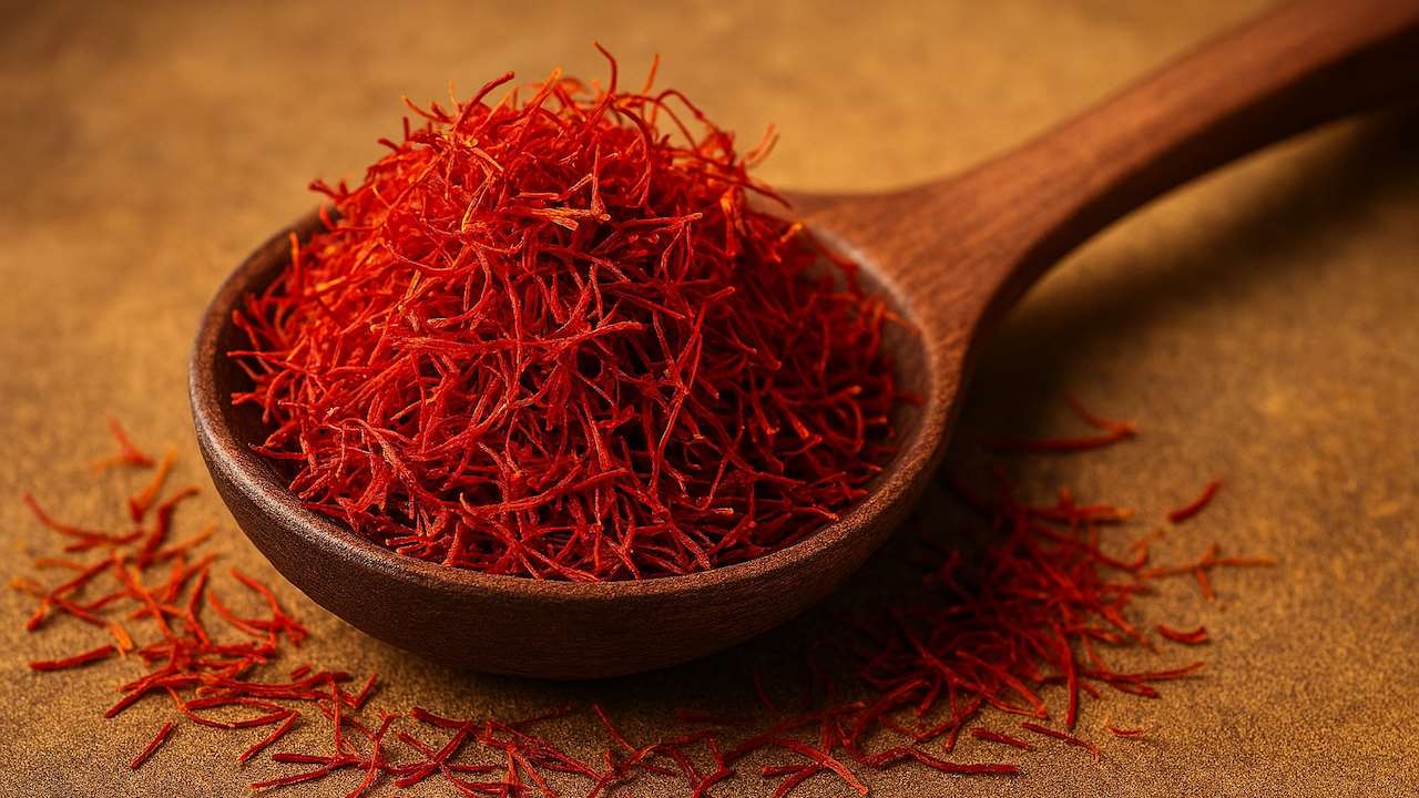 Saffron on a wooden spoon