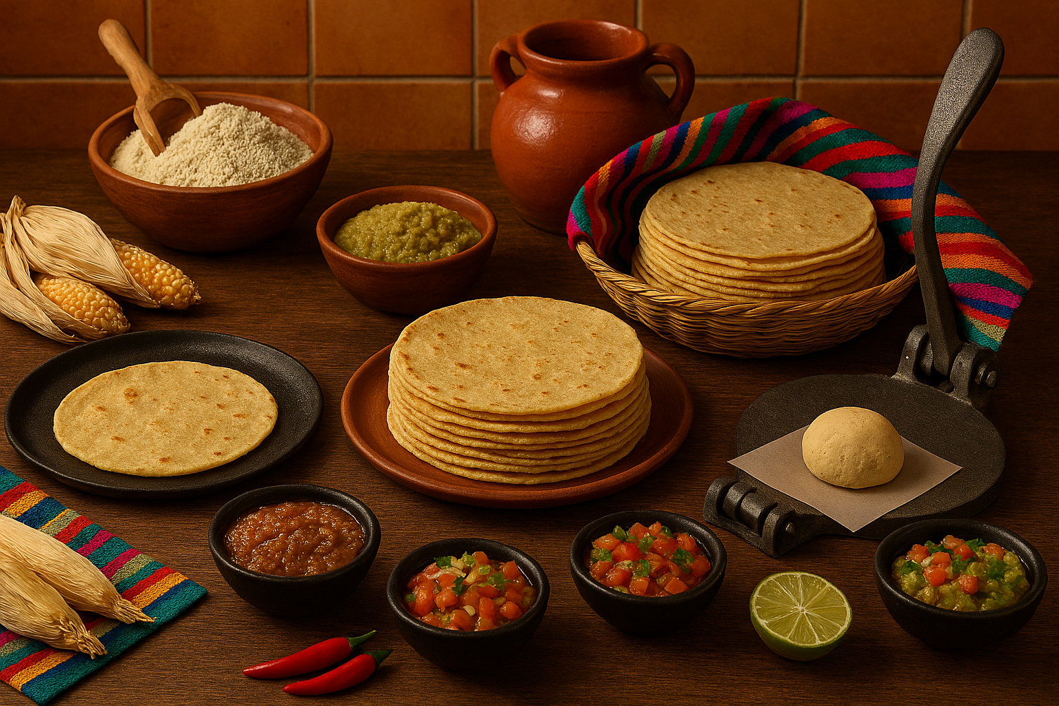 An overhead editorial-style image showcasing a vibrant spread of traditional Mexican cuisine on a rustic wooden table, featuring chiles en nogada, tacos, taquitos, tortilla chips, salsas, guacamole, rice, beans, and fresh garnishes. Warm natural lighting highlights the rich colors and textures, creating an inviting, authentic representation of Mexican food culture ideal for culinary, travel, or editorial content.