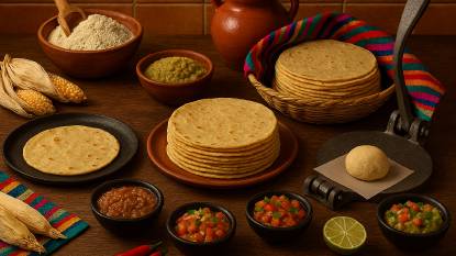 An overhead editorial-style image showcasing a vibrant spread of traditional Mexican cuisine on a rustic wooden table, featuring chiles en nogada, tacos, taquitos, tortilla chips, salsas, guacamole, rice, beans, and fresh garnishes. Warm natural lighting highlights the rich colors and textures, creating an inviting, authentic representation of Mexican food culture ideal for culinary, travel, or editorial content.