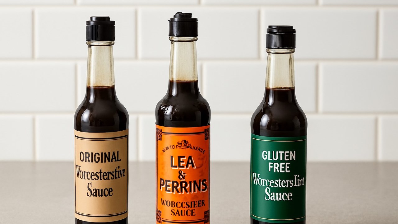 3 types of Worcestershire Sauce bottles in a row on a white kitchen counter
