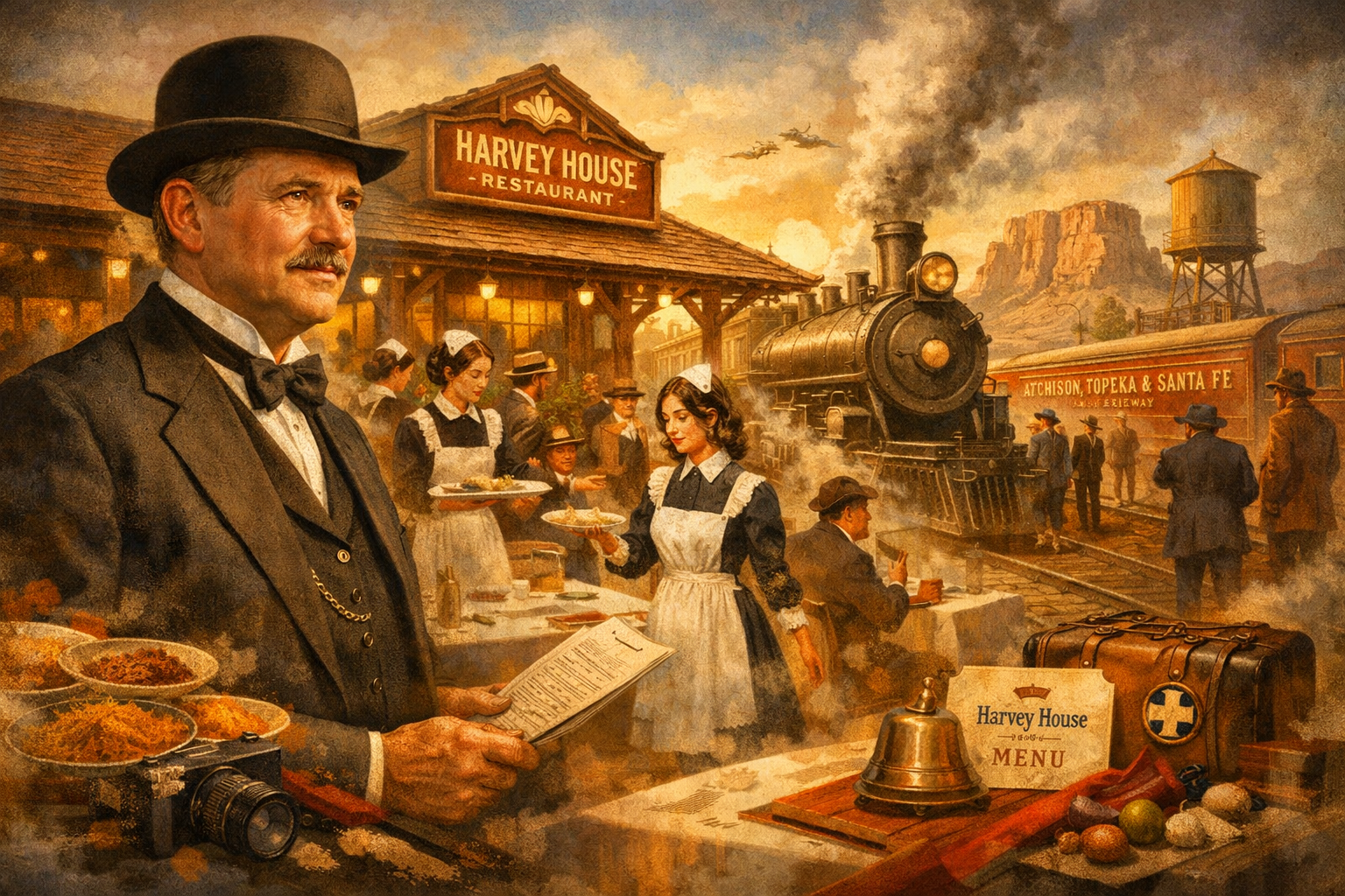 The Harvey House Concept,’ depicting Frederick Henry Harvey overseeing a Harvey House restaurant beside an Atchison, Topeka & Santa Fe Railway train station. The image symbolizes Harvey’s pioneering hospitality vision that transformed American railroad dining, featuring Harvey Girls serving travelers, steam trains, and Western landscapes.