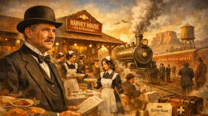 The Harvey House Concept,’ depicting Frederick Henry Harvey overseeing a Harvey House restaurant beside an Atchison, Topeka & Santa Fe Railway train station. The image symbolizes Harvey’s pioneering hospitality vision that transformed American railroad dining, featuring Harvey Girls serving travelers, steam trains, and Western landscapes.