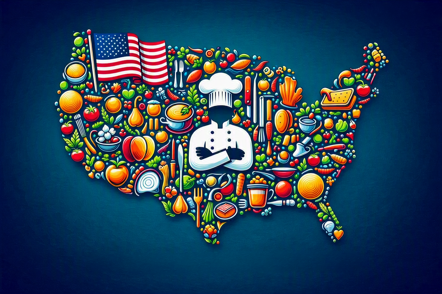 Colorful illustration of the United States map filled with food and kitchen icons, centered chef figure, and American flag backdrop representing diverse U.S. cuisine.