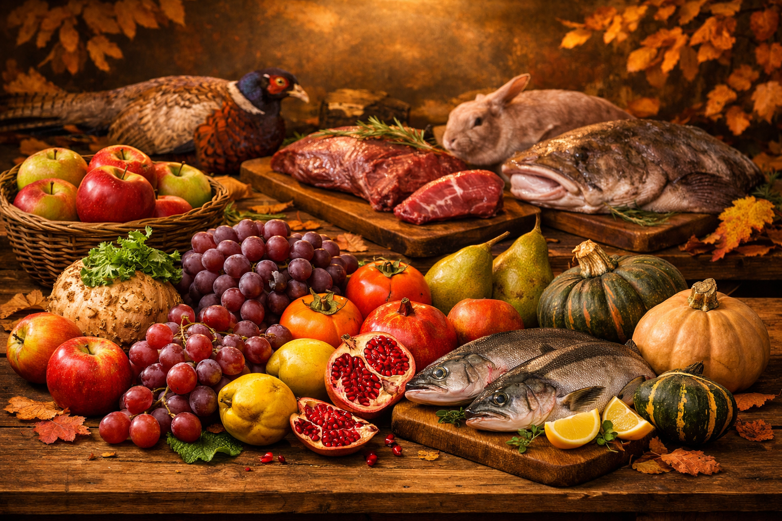 Early autumn harvest featuring apples, grapes, persimmons, pomegranates, quinces, celeriac, winter squash, and game meats including pheasant, venison, rabbit, and monkfish on a rustic table under warm amber light, symbolizing the season’s deep flavors from mid‑September through early October.
