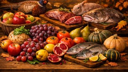 Early autumn harvest featuring apples, grapes, persimmons, pomegranates, quinces, celeriac, winter squash, and game meats including pheasant, venison, rabbit, and monkfish on a rustic table under warm amber light, symbolizing the season’s deep flavors from mid‑September through early October.