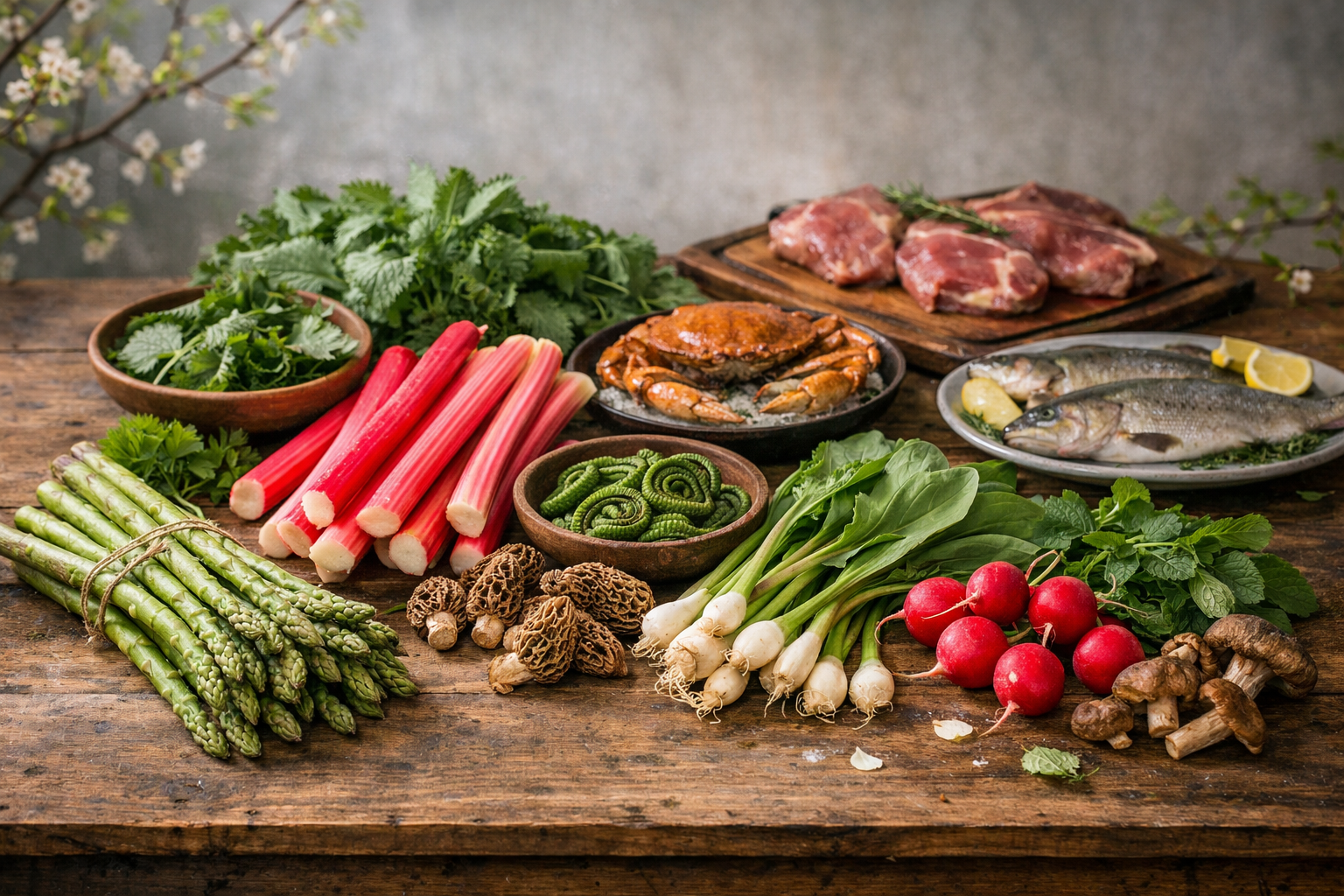 Early spring ingredients featuring asparagus, rhubarb, ramps, morels, radishes, and spring lamb on a rustic table under soft spring light, symbolizing the first harvest of the year from March through April.