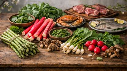 Early spring ingredients featuring asparagus, rhubarb, ramps, morels, radishes, and spring lamb on a rustic table under soft spring light, symbolizing the first harvest of the year from March through April.