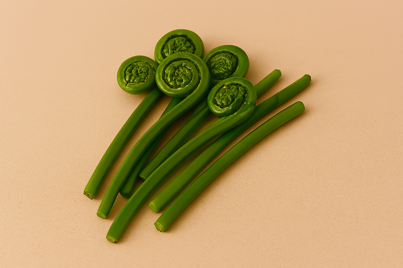 A cluster of fresh fiddlehead ferns with coiled green tops and slender stems arranged on a beige speckled countertop.