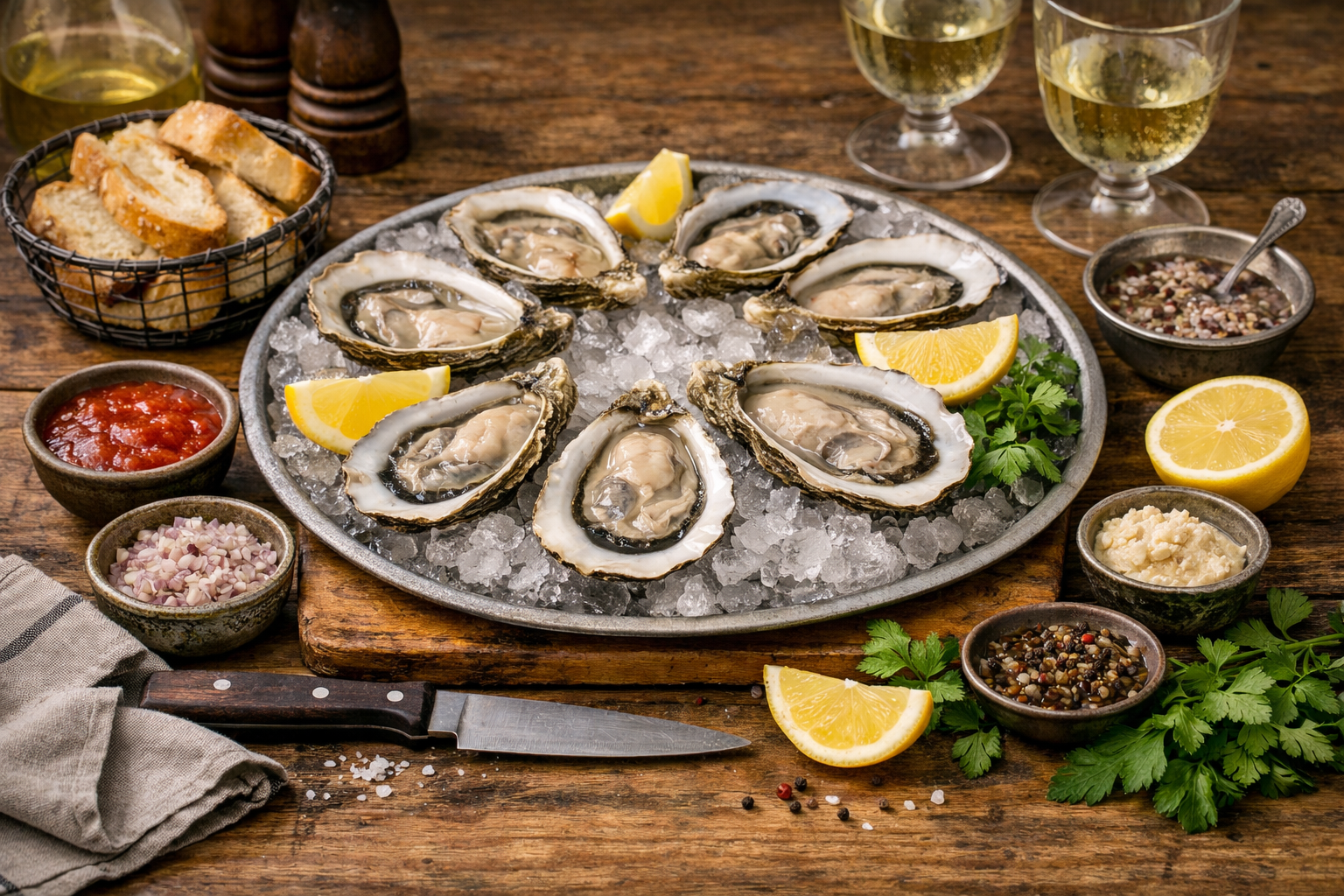 Freshly shucked oysters arranged on a round metal platter over crushed ice, surrounded by lemon wedges, mignonette, cocktail sauce, and an oyster knife on a rustic wooden table.