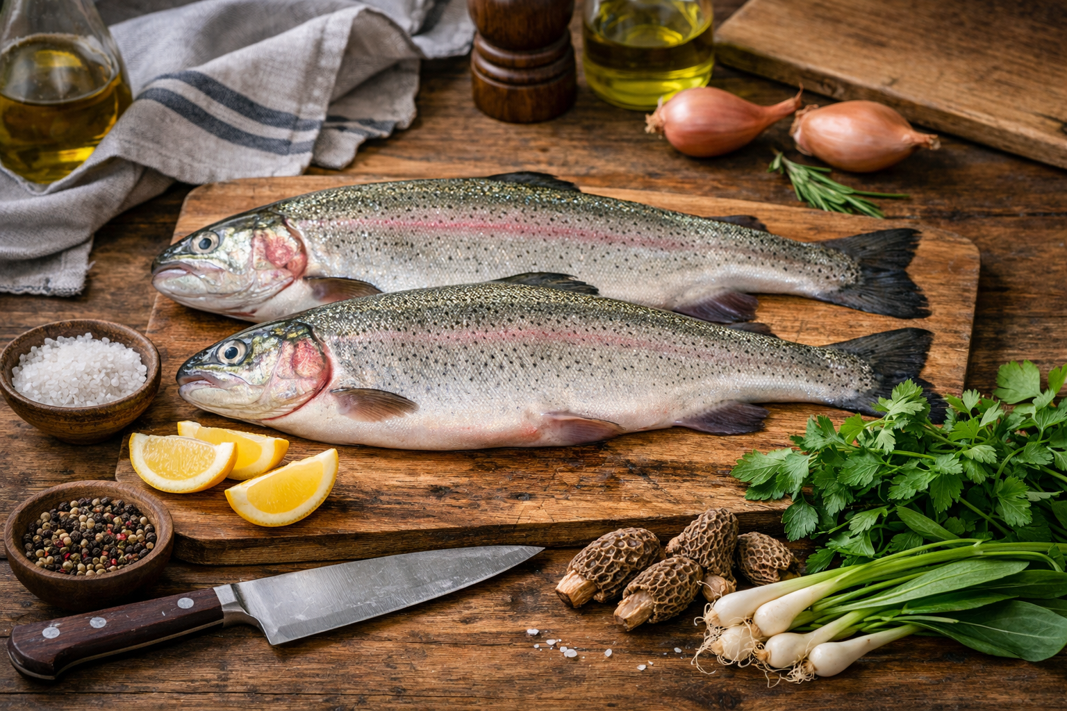 Two fresh rainbow trout laid side by side on a wooden cutting board, surrounded by lemon wedges, parsley, sea salt, peppercorns, a chef’s knife, and small kitchen items on a rustic kitchen table.