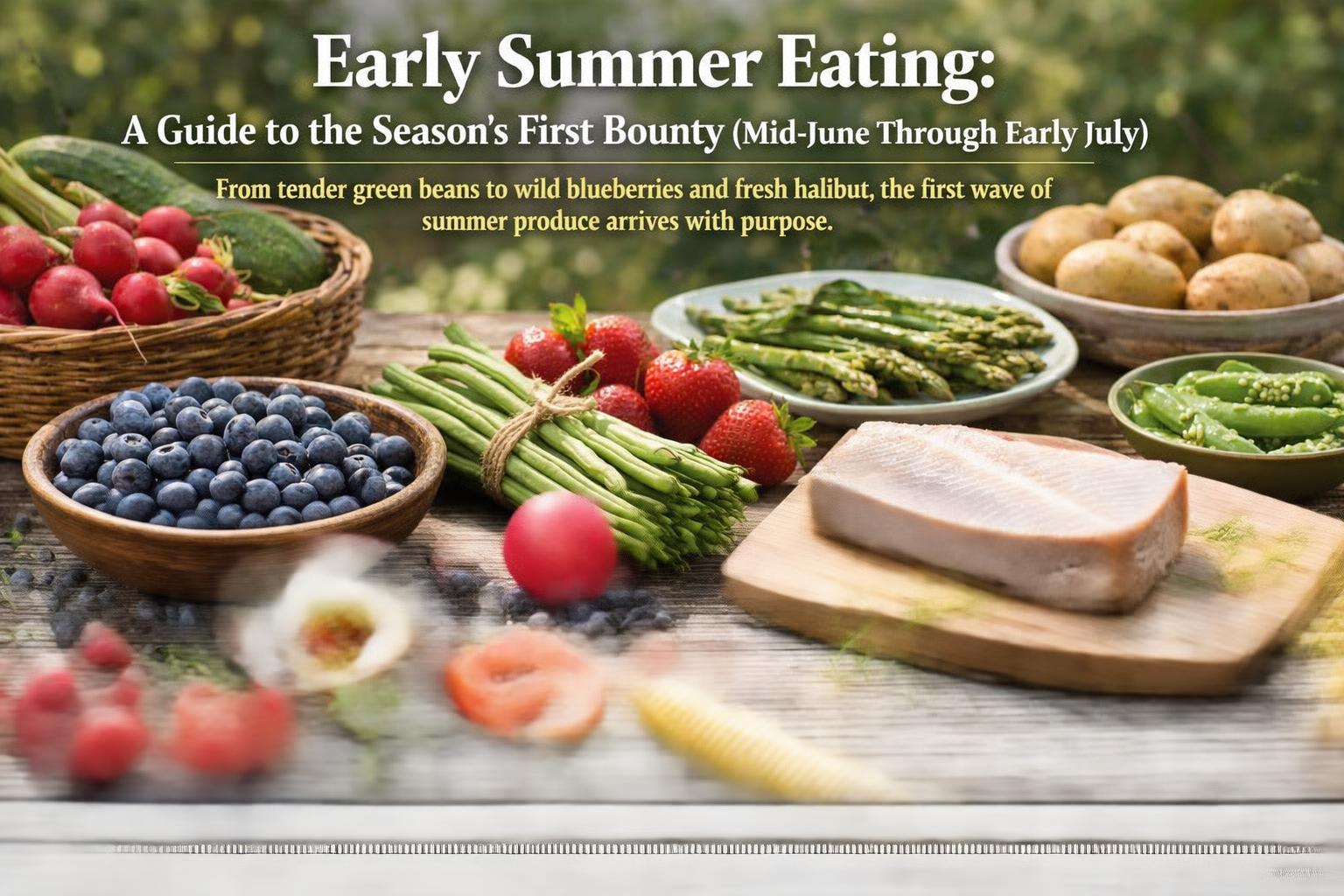 Early summer produce assortment featuring tender green beans, wild blueberries, fresh halibut fillets, and seasonal herbs arranged on a rustic kitchen table, illustrating the first bounty of mid‑June through early July.