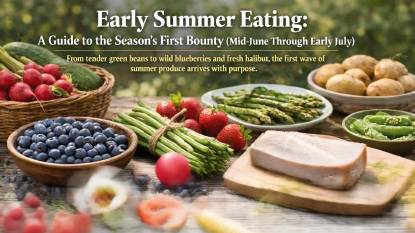 Early summer produce assortment featuring tender green beans, wild blueberries, fresh halibut fillets, and seasonal herbs arranged on a rustic kitchen table, illustrating the first bounty of mid‑June through early July.