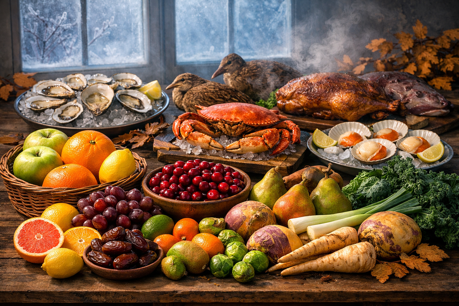 Early winter harvest featuring citrus fruits, Medjool dates, root vegetables, winter squash, kale, oysters, Dungeness crab, scallops, and duck on a rustic table under soft winter light, symbolizing the season of sustenance from December through January.