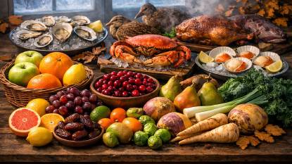 Early winter harvest featuring citrus fruits, Medjool dates, root vegetables, winter squash, kale, oysters, Dungeness crab, scallops, and duck on a rustic table under soft winter light, symbolizing the season of sustenance from December through January.