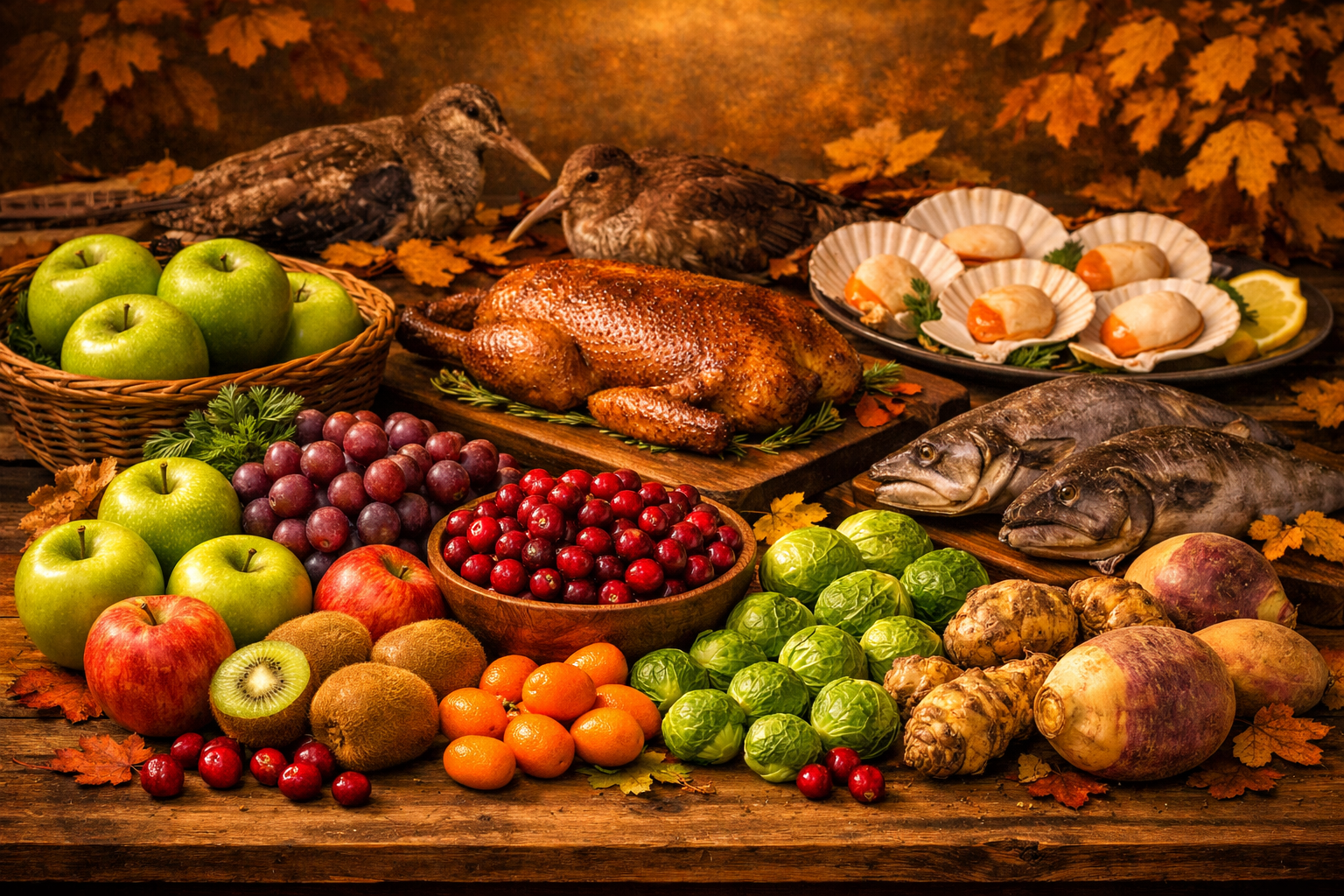 Late autumn harvest featuring Granny Smith apples, cranberries, kiwifruit, kumquats, Brussels sprouts, Jerusalem artichokes, rutabagas, duck, snipe, woodcock, and scallops on a rustic table under warm amber light, symbolizing the season’s rich, warming foods from mid‑October through early November.