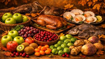 Late autumn harvest featuring Granny Smith apples, cranberries, kiwifruit, kumquats, Brussels sprouts, Jerusalem artichokes, rutabagas, duck, snipe, woodcock, and scallops on a rustic table under warm amber light, symbolizing the season’s rich, warming foods from mid‑October through early November.