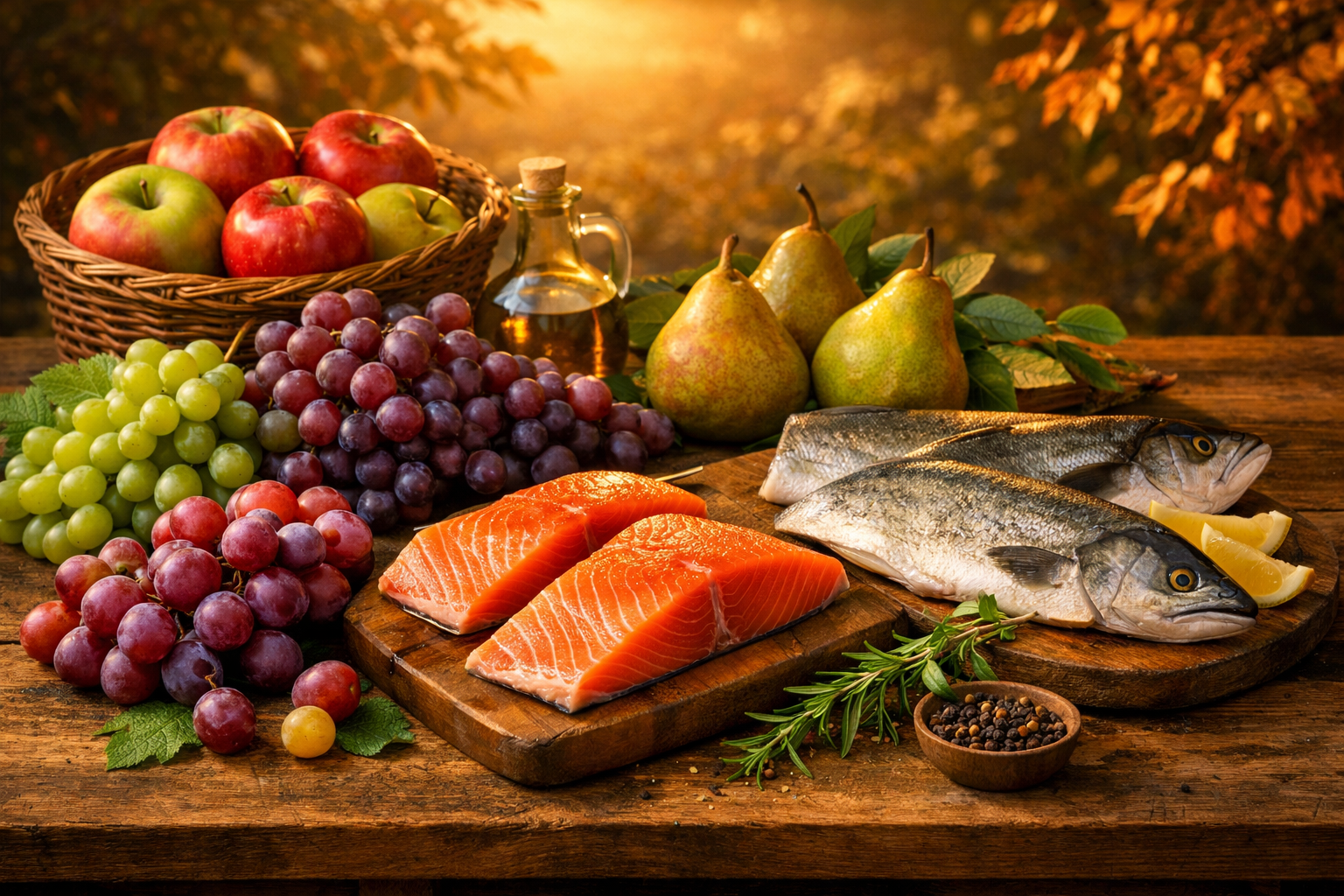 Late summer harvest display featuring apples, grapes, pears, salmon, and bluefish on a rustic table under golden light, symbolizing the season’s final gifts from mid‑August through early September.