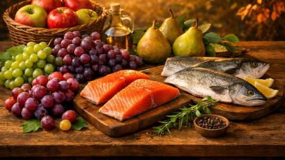 Late summer harvest display featuring apples, grapes, pears, salmon, and bluefish on a rustic table under golden light, symbolizing the season’s final gifts from mid‑August through early September.