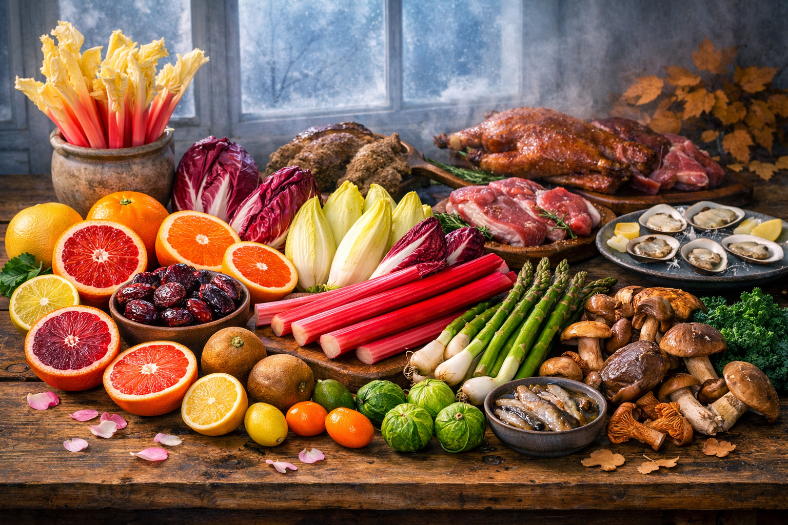 Late winter ingredients featuring blood oranges, forced rhubarb, Belgian endive, chicories, ramps, asparagus, wild mushrooms, and lamb on a rustic table under pale late-winter light, symbolizing the turn toward spring from February through early March.