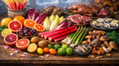 Late winter ingredients featuring blood oranges, forced rhubarb, Belgian endive, chicories, ramps, asparagus, wild mushrooms, and lamb on a rustic table under pale late-winter light, symbolizing the turn toward spring from February through early March.
