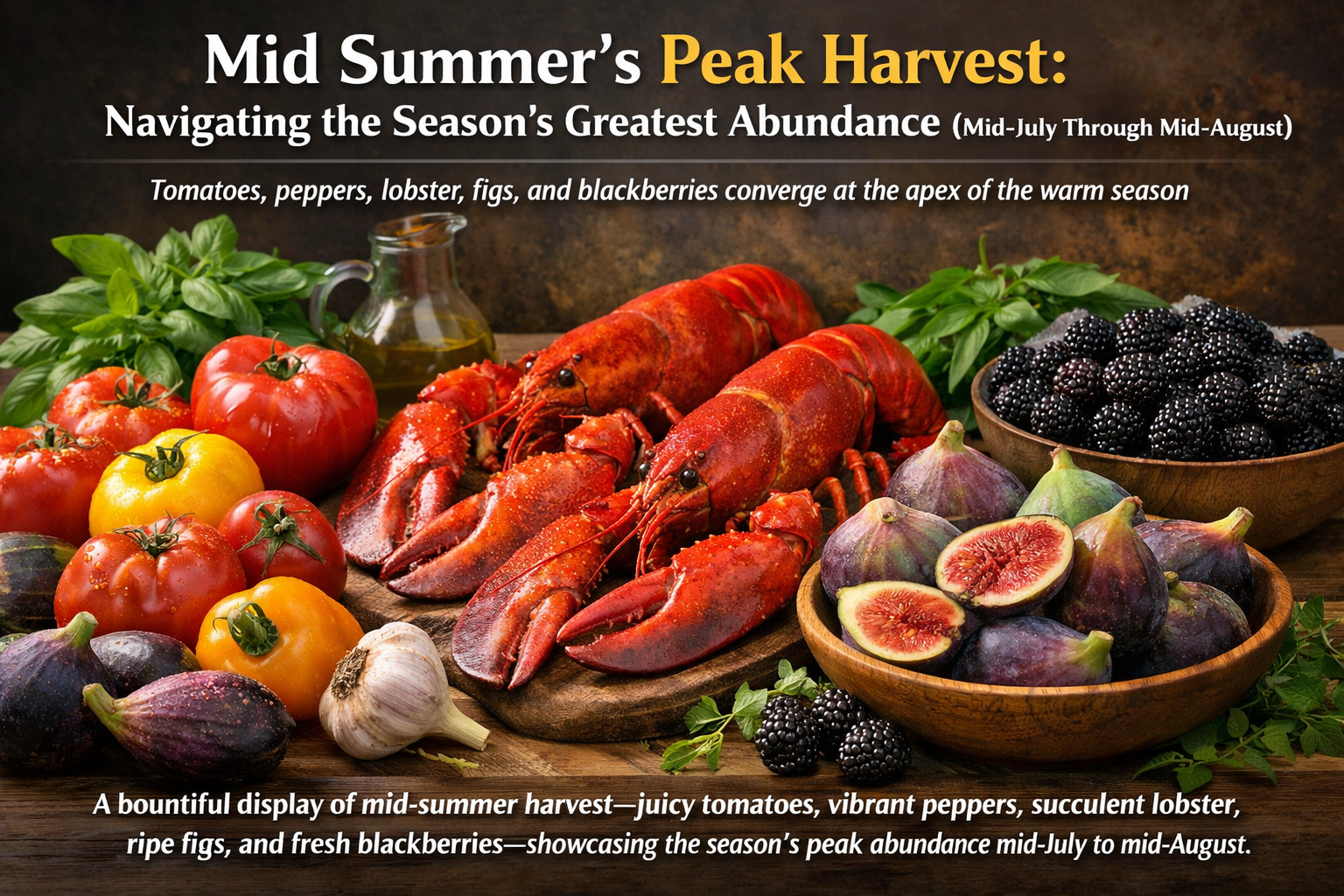 Peak mid‑summer harvest display featuring ripe tomatoes, vibrant peppers, fresh lobster, sweet figs, and plump blackberries arranged on a rustic table, illustrating the season’s greatest abundance from mid‑July through mid‑August.