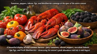 Peak mid‑summer harvest display featuring ripe tomatoes, vibrant peppers, fresh lobster, sweet figs, and plump blackberries arranged on a rustic table, illustrating the season’s greatest abundance from mid‑July through mid‑August.