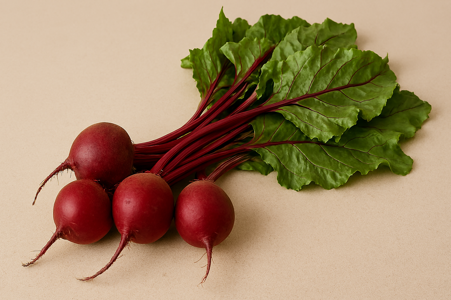 Cluster of raw beets with deep red bulbs and attached green tops on a beige countertop.