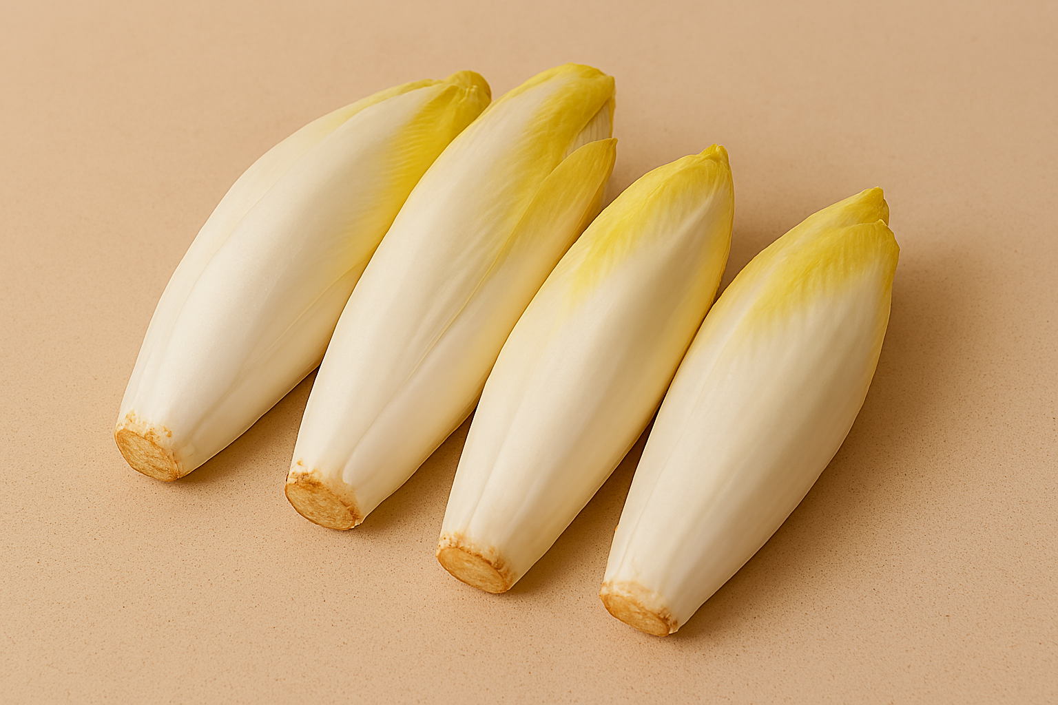 Four pale Belgian endives with creamy white and yellow leaves placed on a beige speckled surface.