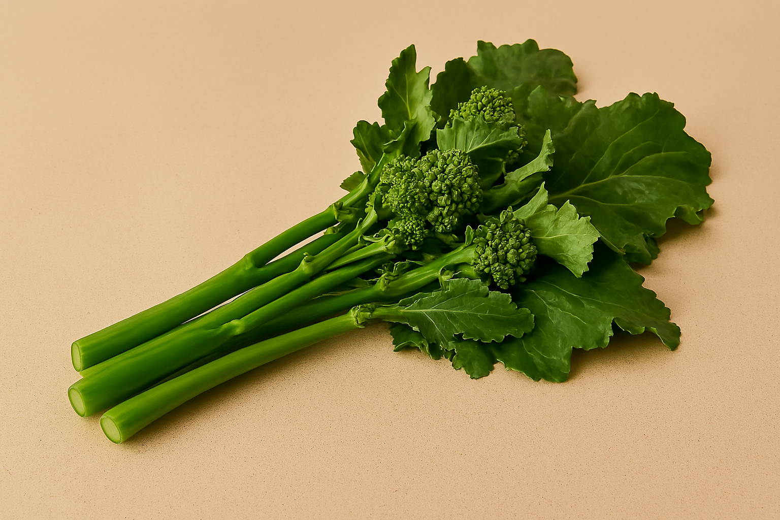 Broccoli Rabe (Rapini), freshly styled on a warm-toned countertop.