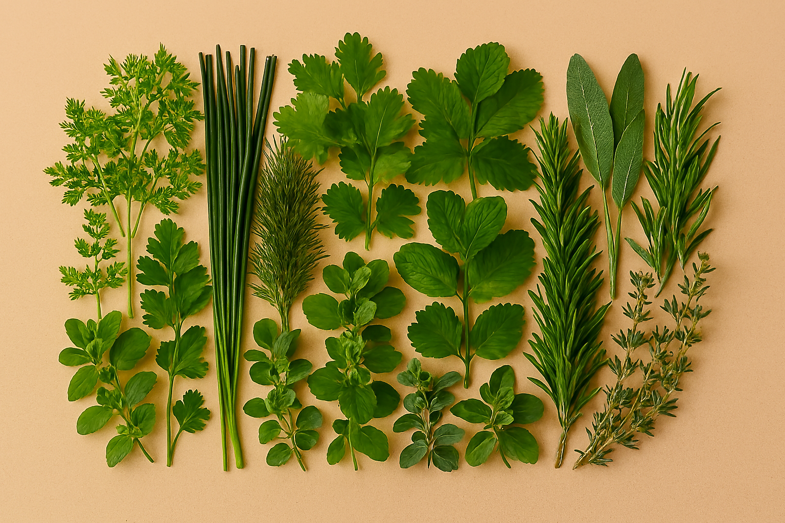 Chervil, chives, cilantro, dill, marjoram, mint, oregano, parsley, rosemary, sage, tarragon, and thyme arranged beautifully on a kitchen countertop.