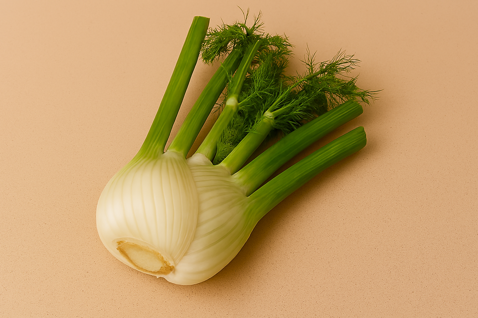 A fresh fennel bulb with green stalks and feathery fronds placed on a beige speckled countertop, showing smooth white ridges and vibrant green foliage.