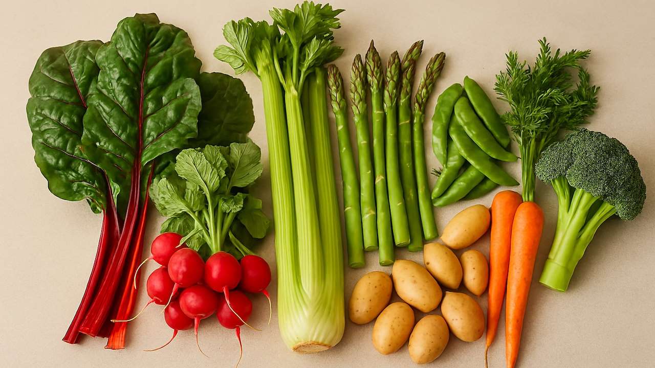 A selection of late spring vegetables laid out on a kitchen counter top