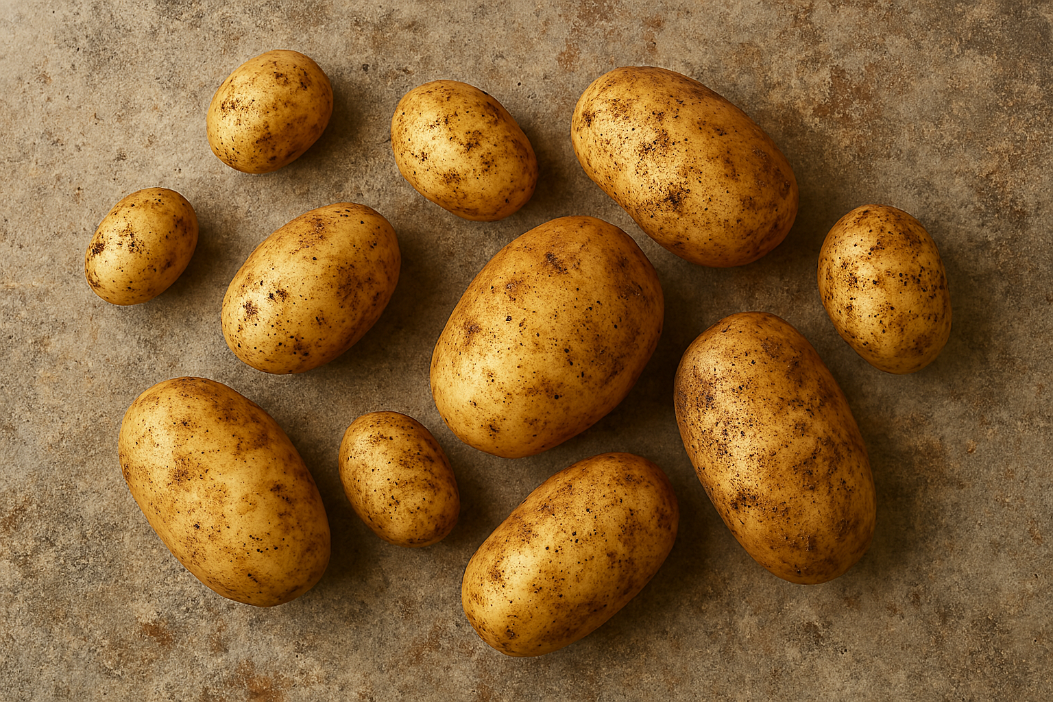 Eleven freshly harvested new potatoes of varying sizes and shapes scattered across a rustic, earthy-toned surface with soil residue on their speckled skins.