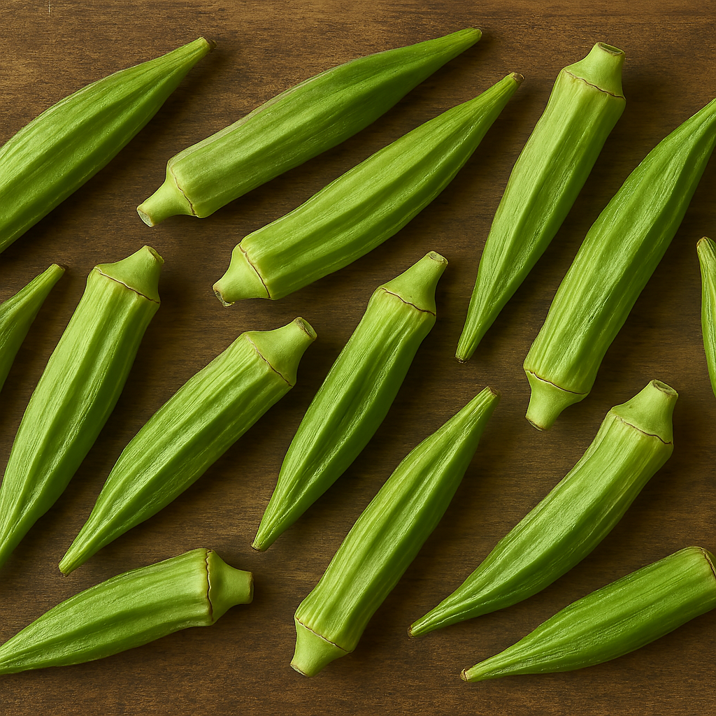Fresh okra pods arranged on a rustic wooden surface, showcasing their vibrant green color, ridged texture, and pointed tips.