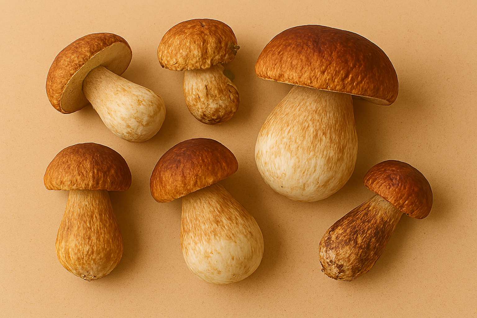 Six fresh porcini mushrooms arranged on a rustic wooden surface, showcasing their thick off-white stems and warm brown caps with cracked textures.