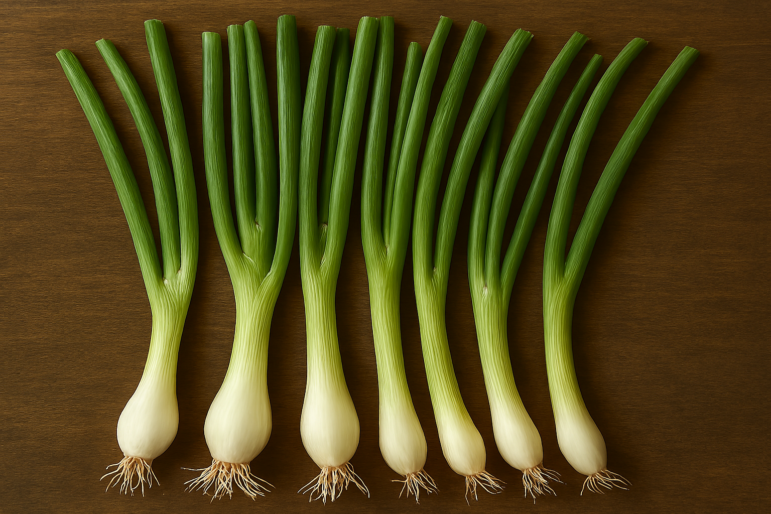A bunch of fresh scallions laid out on a rustic wooden surface, with white bulbs on the left and long green leaves extending to the right in a neat, parallel arrangement.