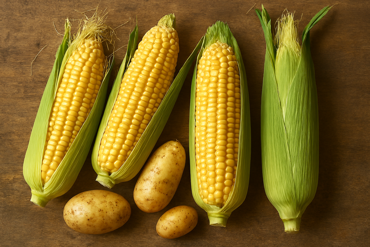 Four ears of fresh sweet corn on a rustic wooden surface, three partially husked to reveal glossy golden-yellow kernels, one fully encased in vibrant green husk with visible corn silk.