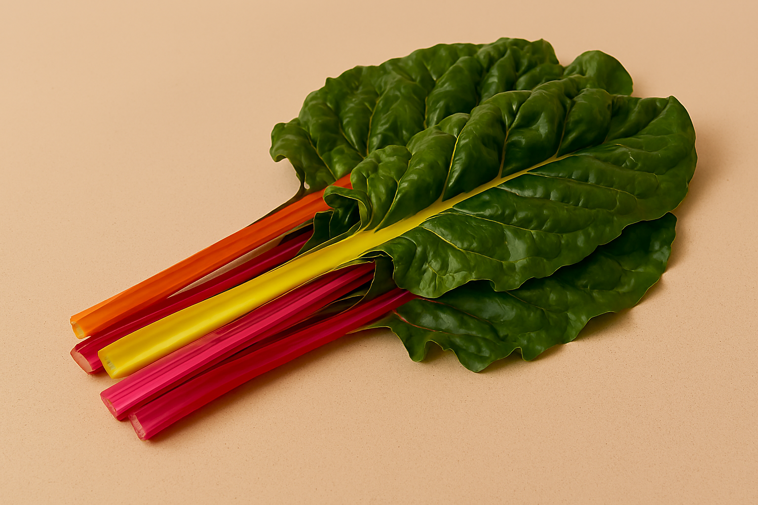 A bunch of Swiss chard with dark green crinkled leaves and vibrant stems in yellow, orange, and magenta, laid diagonally on a beige speckled countertop.