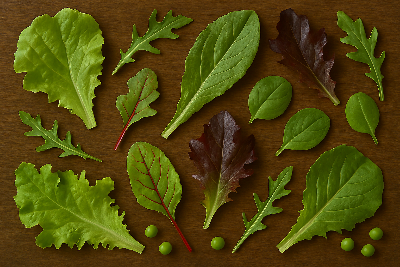An assortment of fresh spring salad greens including butter lettuce, arugula, oak leaf, romaine, spinach, and sorrel arranged on a rustic wooden surface.