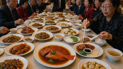 Photograph of a traditional Chinese banquet with a round table filled with ornate dishes including Peking duck, shark’s fin soup, lobster, scallops, and a whole fish. Guests in formal attire are seated around the table, engaging in toasts and conversation. The host stands making a toast, while a woman serves herself duck. The setting includes red lanterns, calligraphy scrolls, and warm ambient lighting, evoking a festive and ceremonial atmosphere