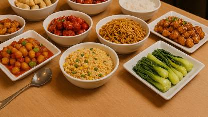 Chinese buffet featuring sweet and sour chicken, fried rice, stir-fried noodles, bok choy, dumplings, General Tso’s chicken, sesame chicken, and steamed rice, all arranged on white ceramic platters atop a wooden table