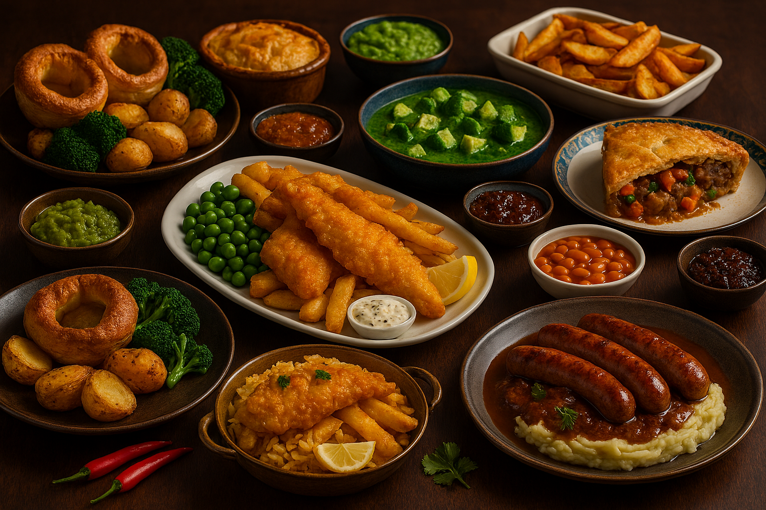 a buffet featuring classic English cuisine arranged on a dark wooden table. Dishes include fish and chips with peas and tartar sauce, Yorkshire puddings with roast potatoes and broccoli, shepherd’s pie, bangers and mash with onion gravy, steak and kidney pie, baked beans, potato wedges, and beef and vegetable pie. Mushy peas and pickle are served in small dishes.