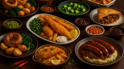 a buffet featuring classic English cuisine arranged on a dark wooden table. Dishes include fish and chips with peas and tartar sauce, Yorkshire puddings with roast potatoes and broccoli, shepherd’s pie, bangers and mash with onion gravy, steak and kidney pie, baked beans, potato wedges, and beef and vegetable pie. Mushy peas and pickle are served in small dishes.