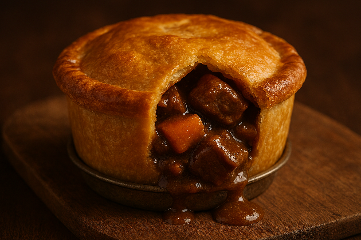 close-up of a small steak and ale pie with a golden, flaky crust resting on a rustic wooden surface