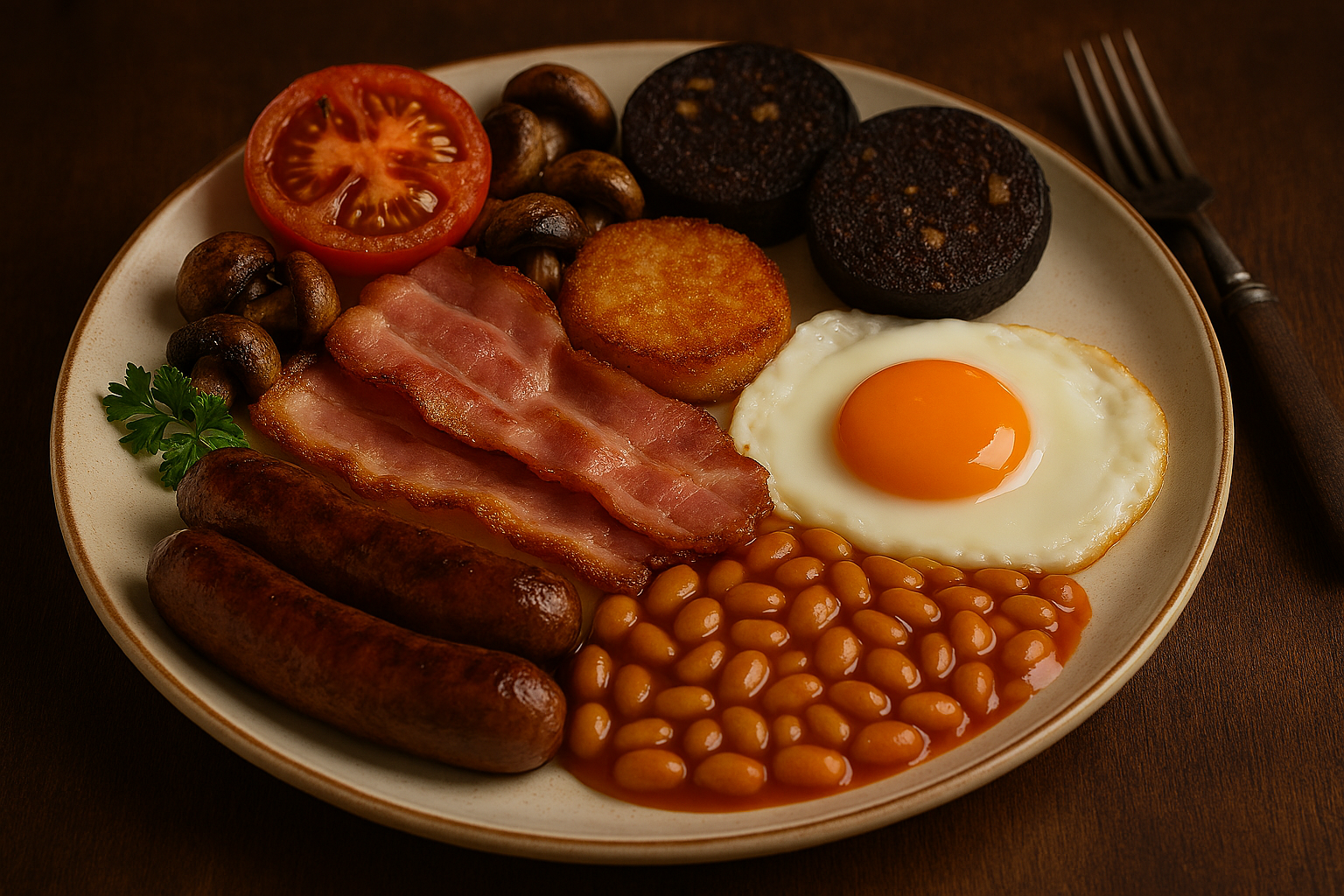 a traditional English breakfast arranged on a large white ceramic plate atop a rustic wooden table. The plate includes two grilled pork sausages, crispy back bacon, a sunny-side-up egg with a vibrant orange yolk, black pudding slices, grilled tomato, sautéed mushrooms, baked beans in tomato sauce, a golden hash brown, and fresh parsley garnish. 