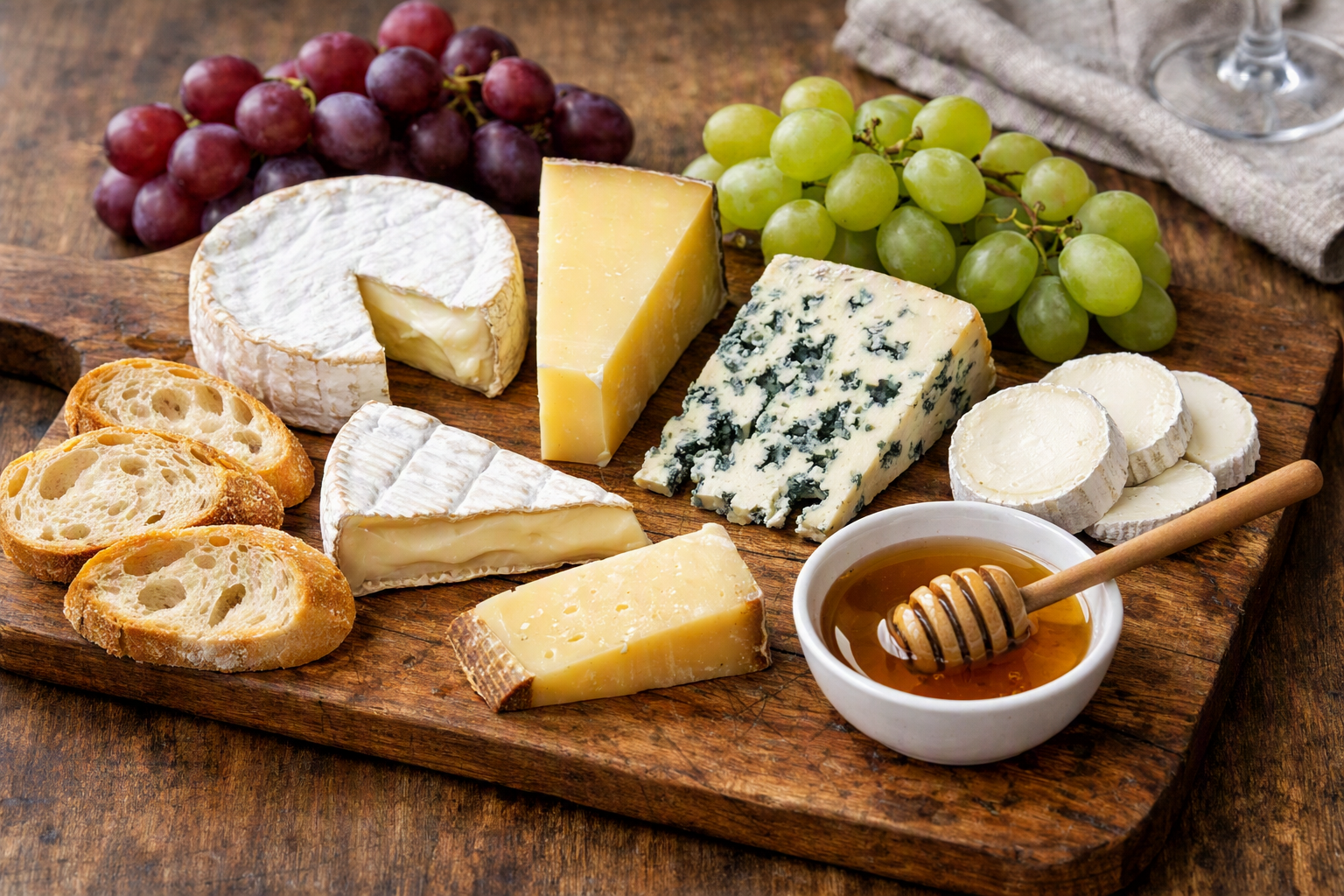 A traditional French cheese board featuring a selection of Brie, Camembert, Comté, Roquefort, and goat cheese, arranged on a wooden board with fresh baguette slices, grapes, and a small dish of honey.
